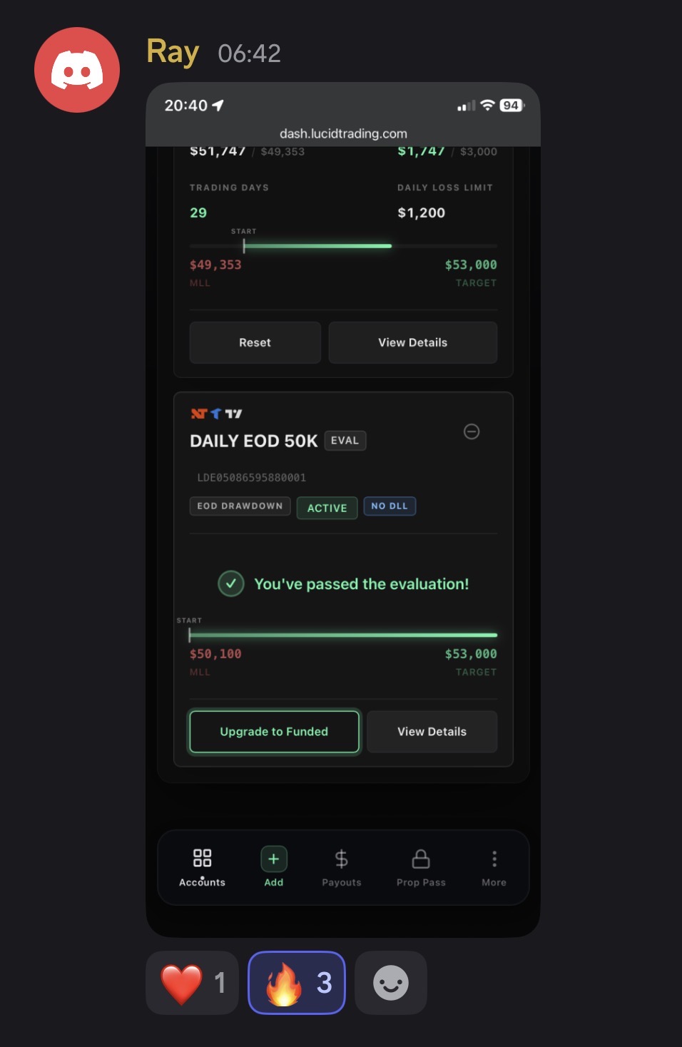 Ray shares a Lucid Trading dashboard showing an evaluation passed